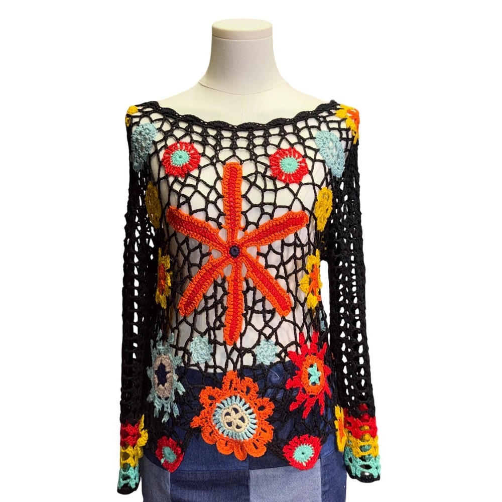 Mirumi Crochet Sweater Women ML Black Multi Color Floral Open Knit Boho Top